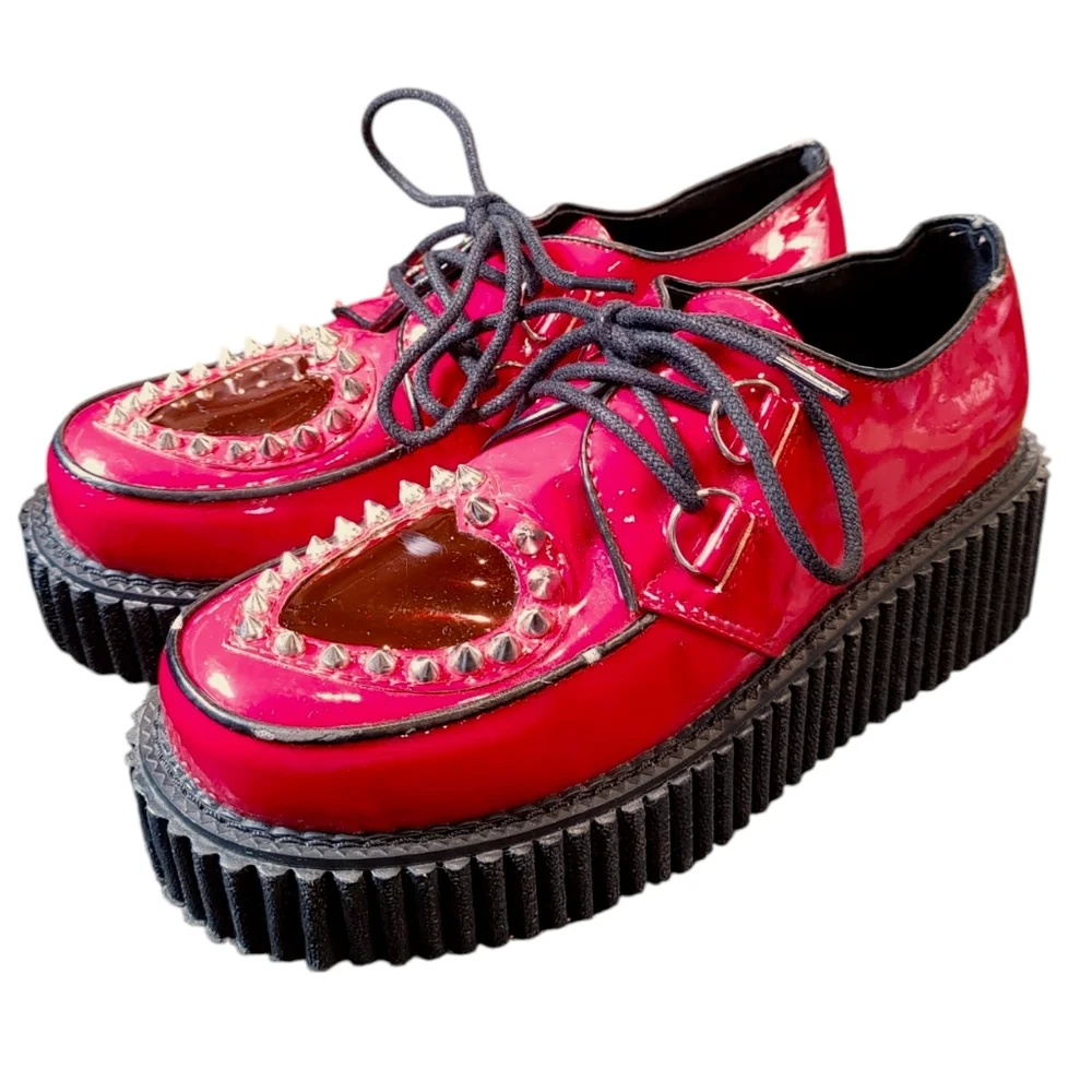 Demonia 108 Red Faux Leather Sheer Heart Studded Lace Up Creepers Women's Size 8